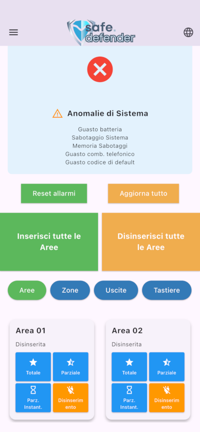 Schermata di controllo della centrale