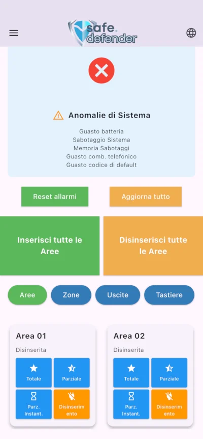 Comandi di inserimento per area e anomalie di sistema nell’app Safe Defender