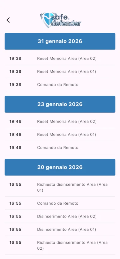 Registro eventi della centrale Kyo32 con data e ora nell’app Safe Defender