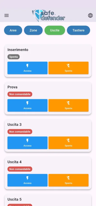 Controllo delle uscite della centrale nell’app Safe Defender